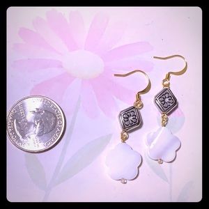 Hand Beaded Silver metal & shell dangle earrings